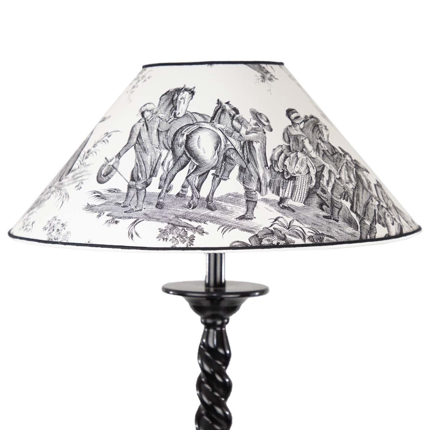 Add a bit of light to any room with this table lamp that is both modern and Classic. The lamp rests on a black metal base while its black body is in a beautiful twisting shape. The lamp's wide conical lampshade completes this piece and is made from