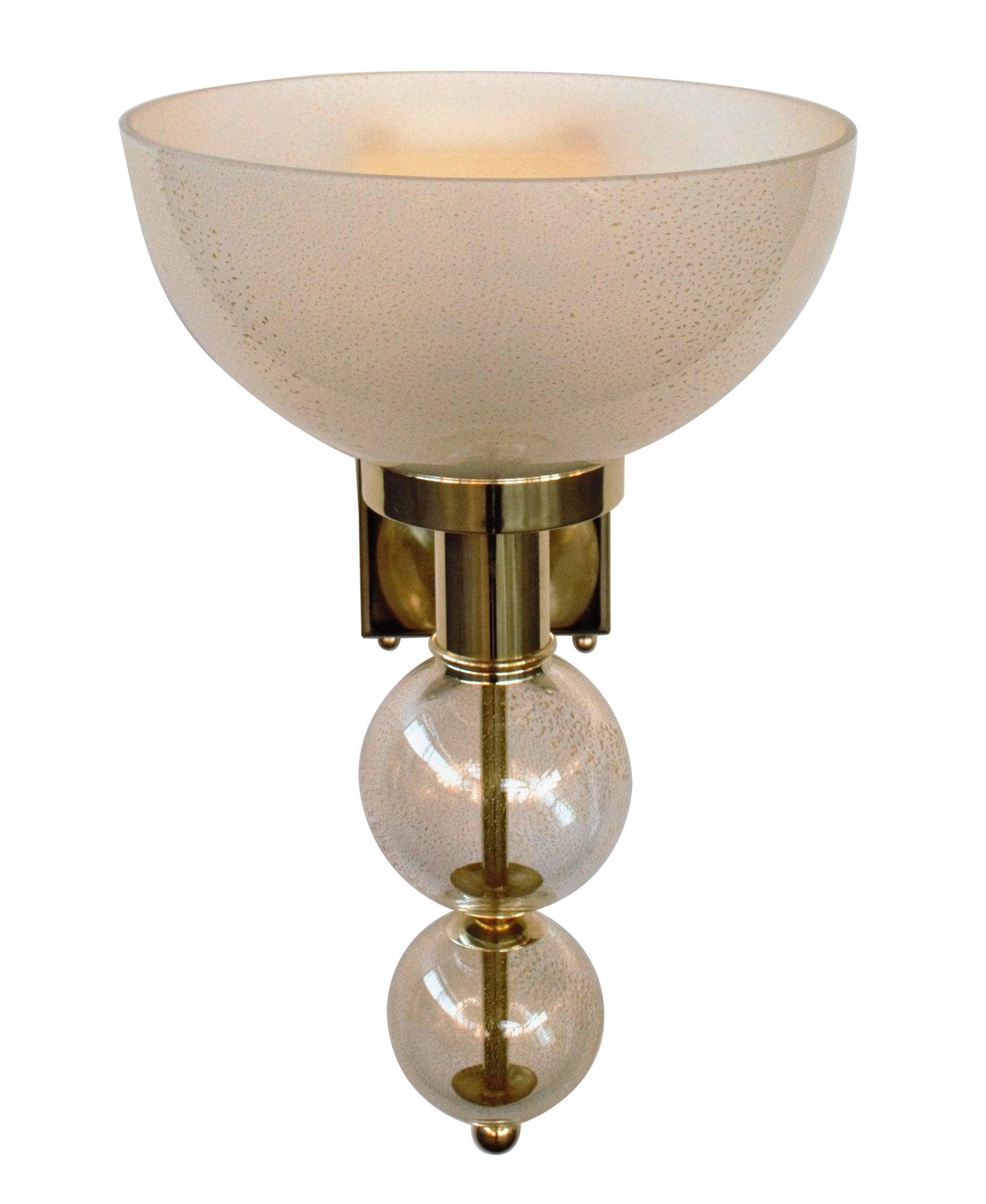 Italian wall light with clear and frosted Murano glass hand blow with gold flecks inside the glass, mounted on polished finish brass frame / Designed by Fabio Bergomi for Fabio Ltd / Made in Italy
1 light / E26 or E27 type / max 40W 
Measures: