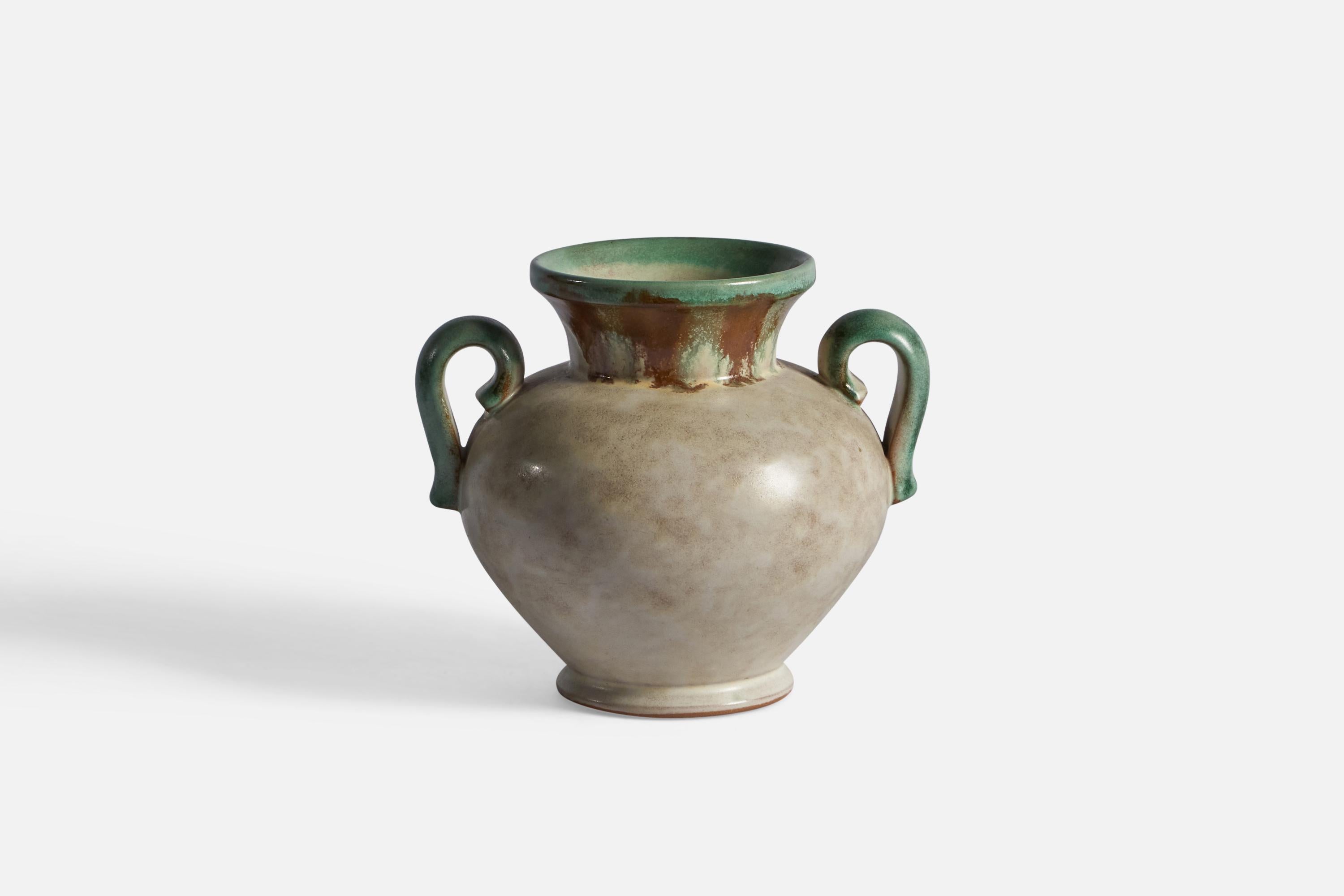 A green and grey-glazed earthenware vase, designed and produced by Töreboda Keramik, Sweden c. 1940s.