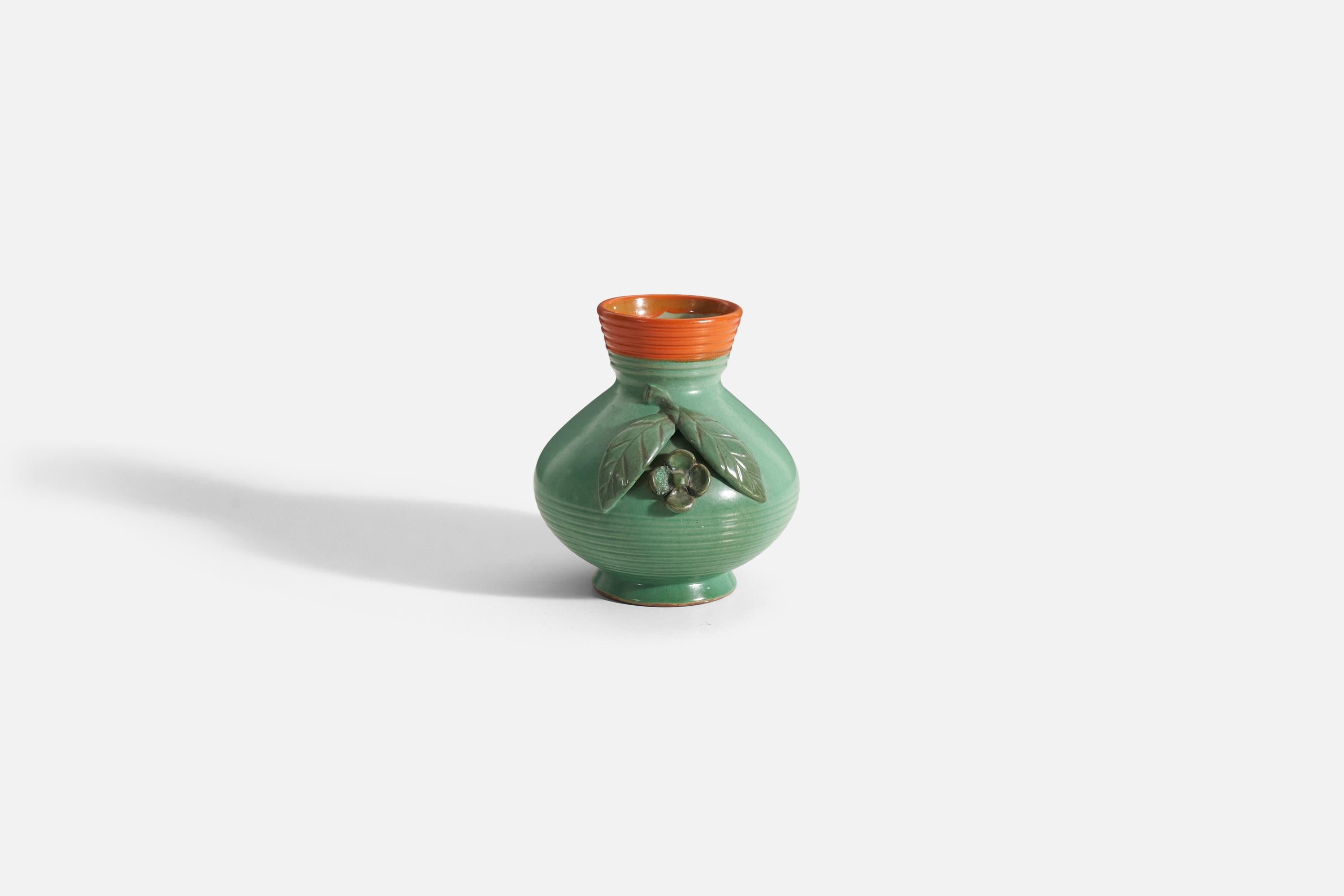 A green and orange-glazed earthenware vase designed and produced by Töreboda Keramik, Sweden, c. 1940s.
 