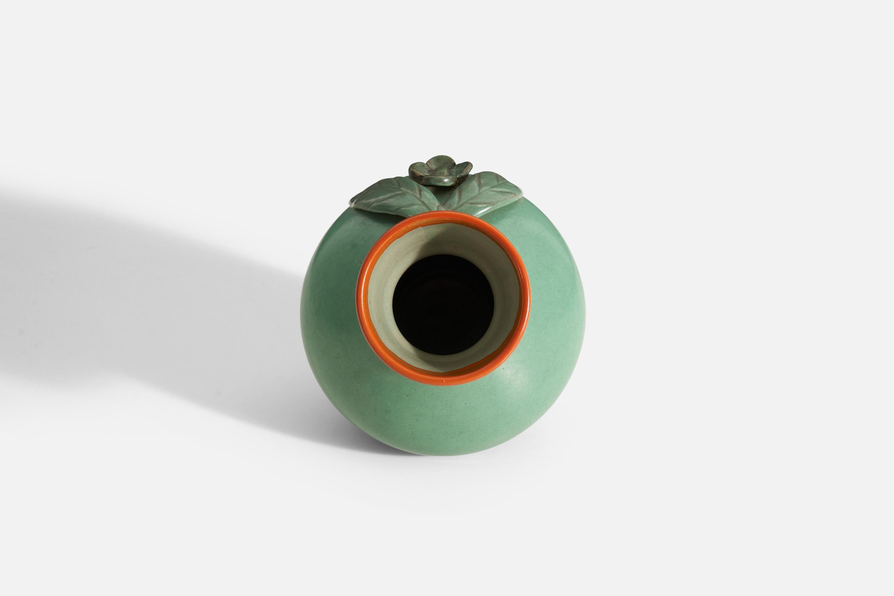 Scandinavian Modern Töreboda Keramik, Vase, Green and Orange-Glazed Earthenware, Sweden, 1940s For Sale