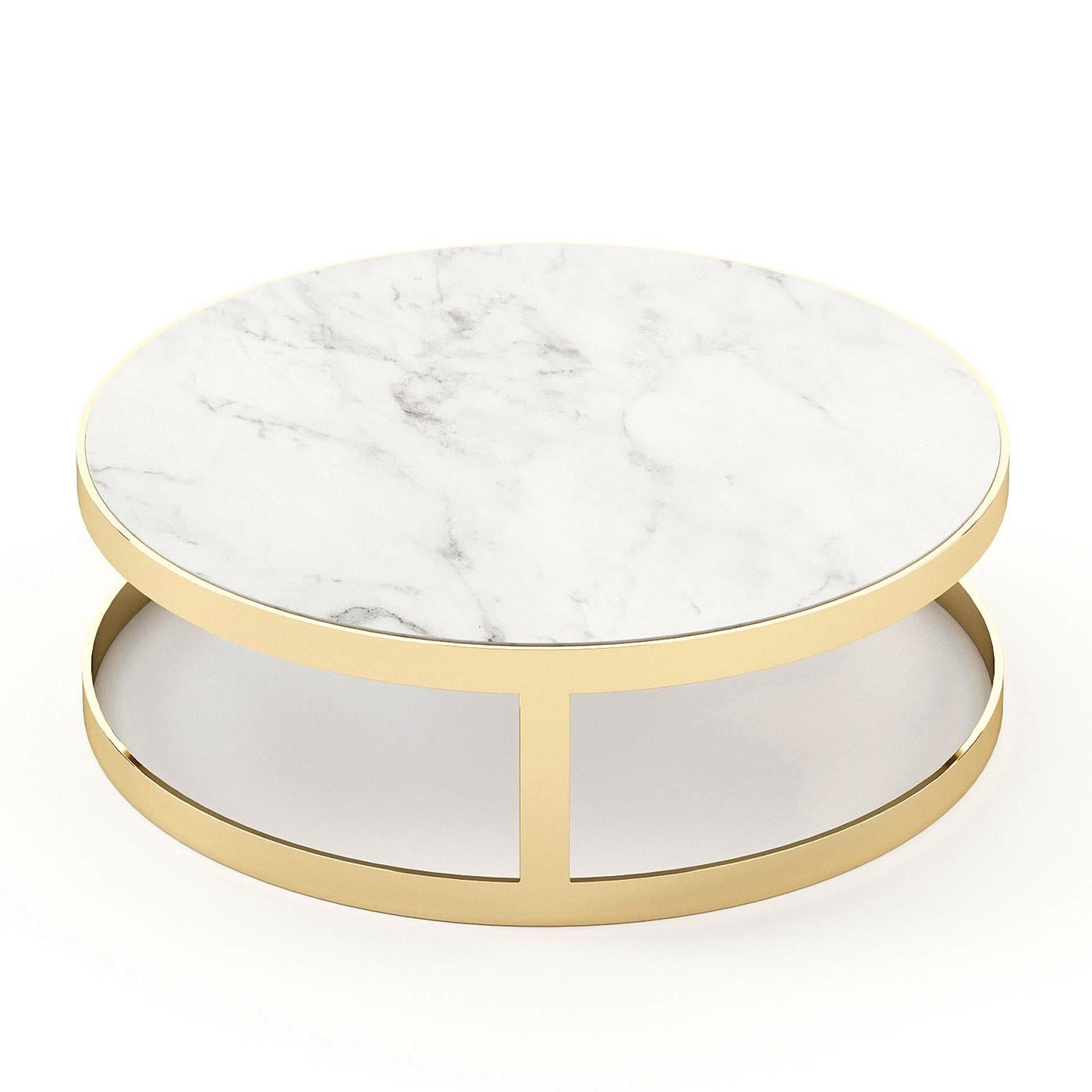 Coffee table Torent 80 with white carrara marble top
and with polished stainless steel base in gold finish.
