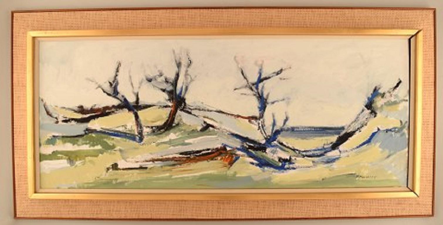 Torgny Forsberg (1920-1992), Swedish painter. Oil on board. Modernist landscape, 1960s-1970s.
The board measures: 84 x 34 cm.
The frame measures: 8 cm.
In very good condition.
Signed.