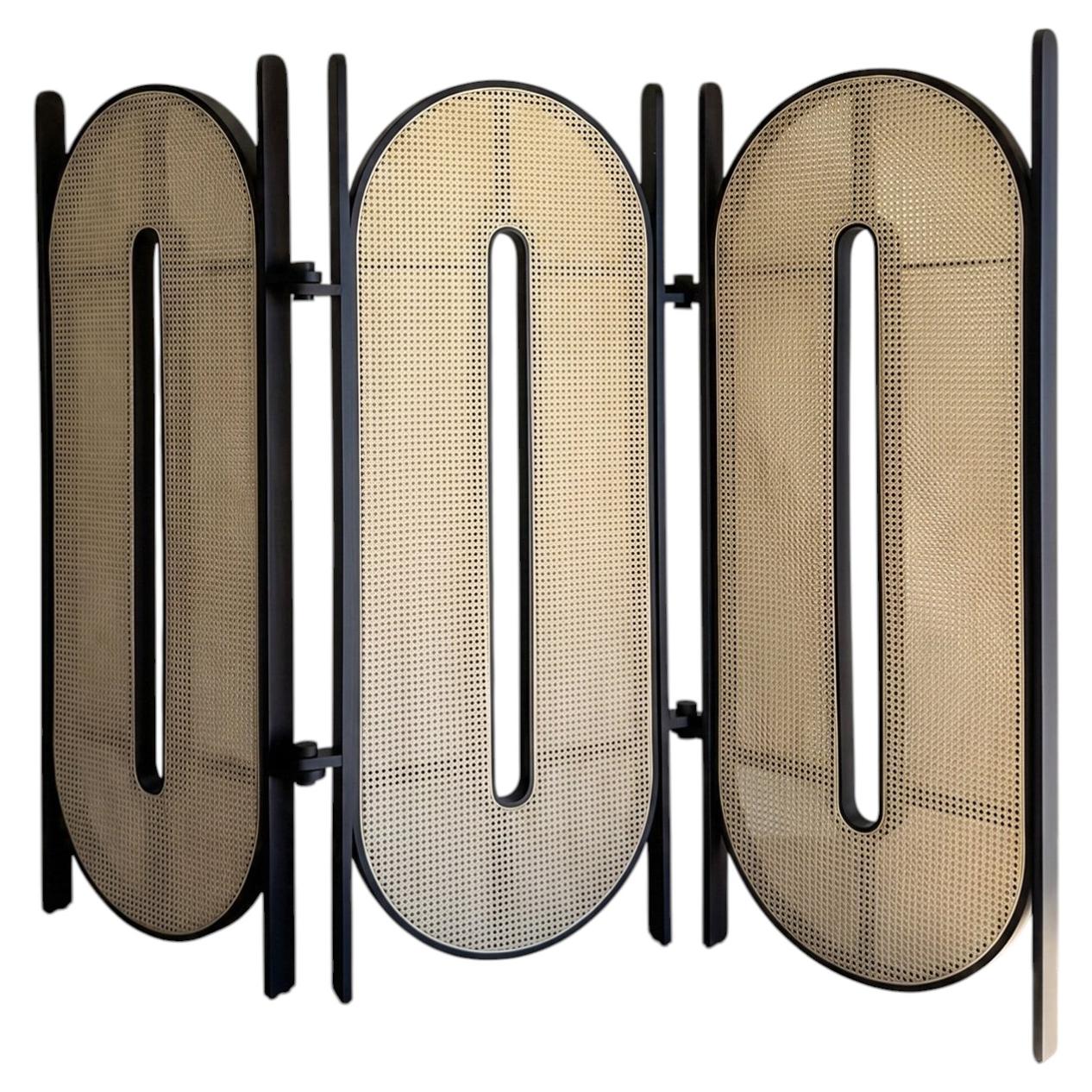 Tori – Handcrafted Black Wood Screen with Natural Cane Webbing For Sale