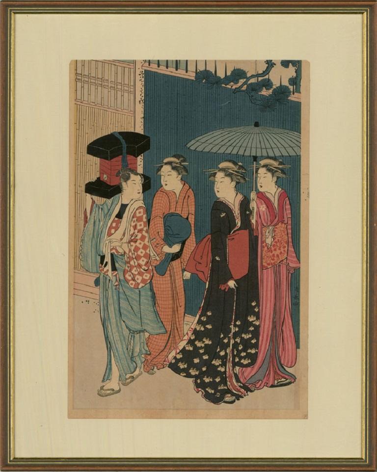 purple robe Geisha w Vintage Japanese lithographic Print on paper 