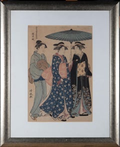 Antique Torii Kiyonaga (1752â€“1815) - c. 1788 Japanese Woodblock, Geisha Strolling