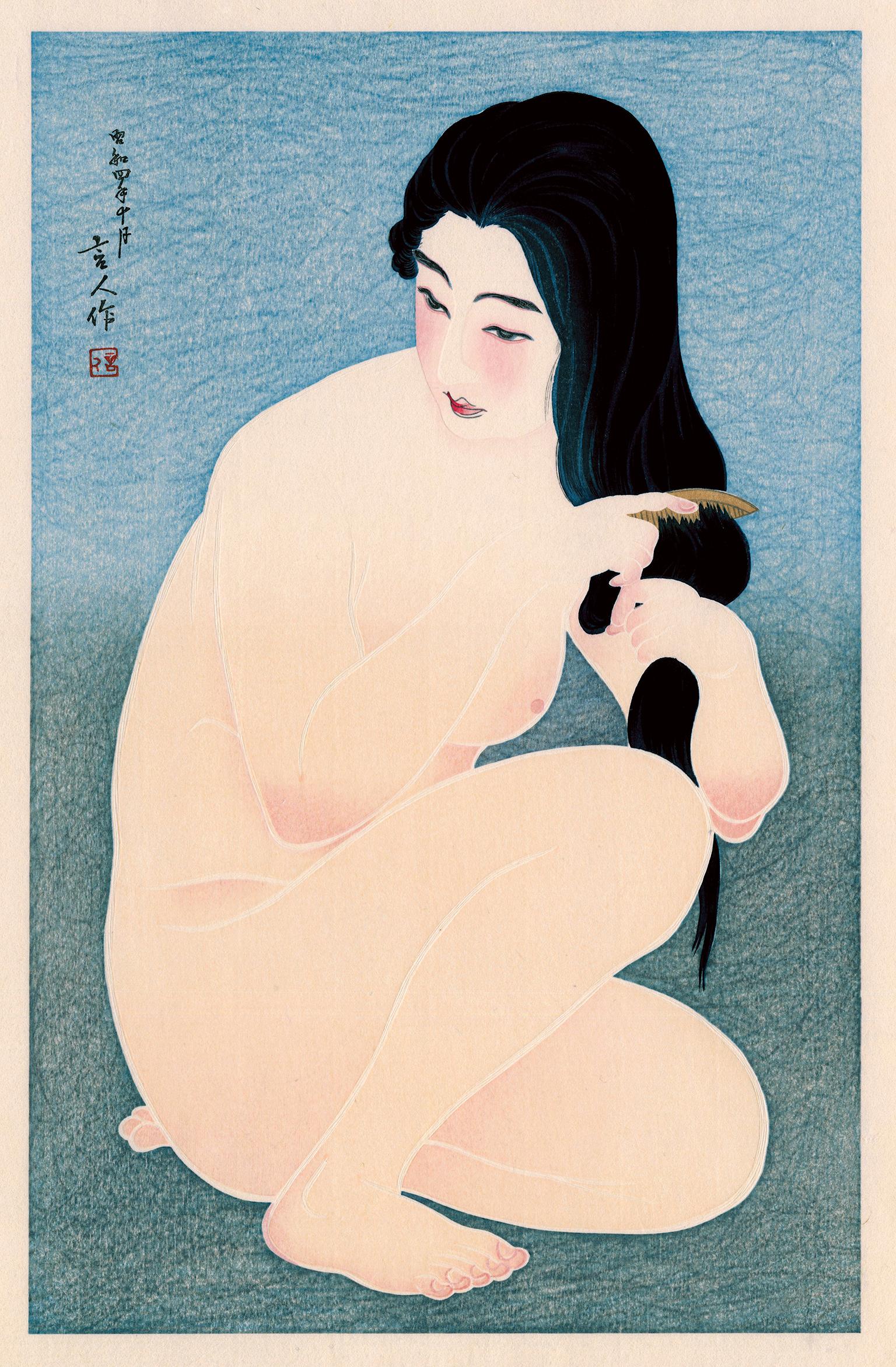 Torii Kotondo Figurative Print - Combing Hair (Kamisuki) — 1920s Bijin-ga Masterpiece