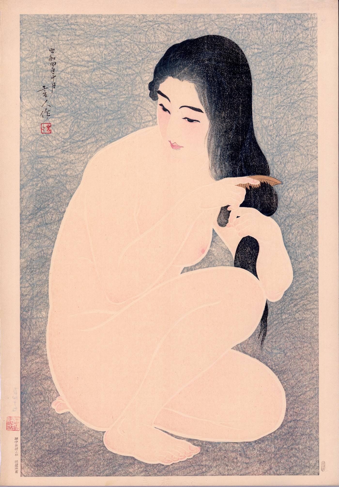 Torii Kotondo Nude Print -  Nude Combing the Hair (Kamisuki)