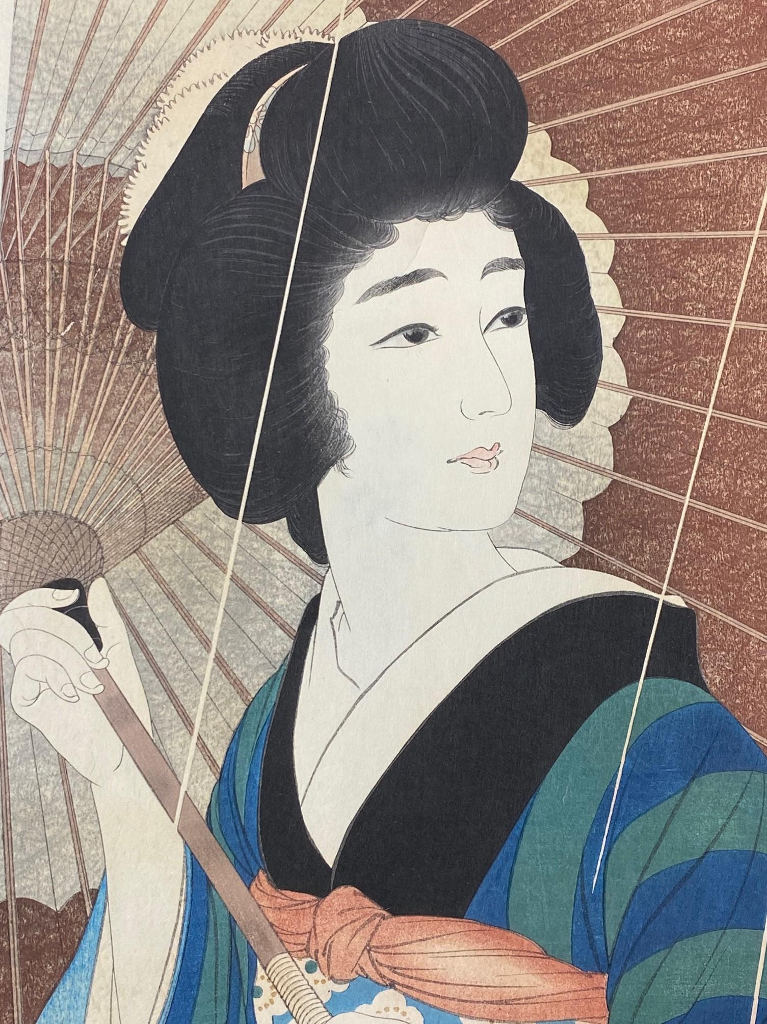 Showa Torii Kotondo Signed and Sealed Pre-War Japanese Woodblock Print Rain Ame 1929 For Sale