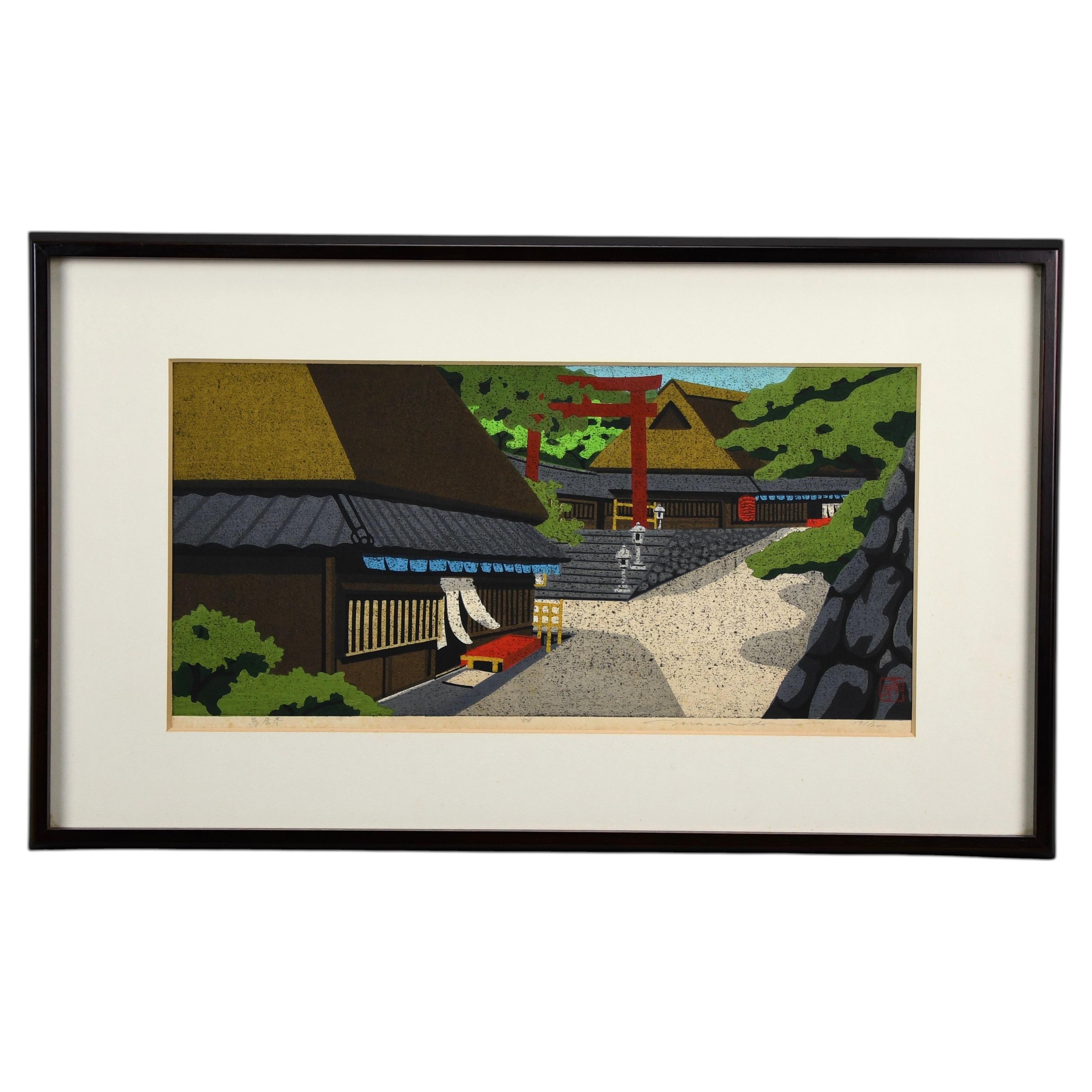 Torii Moto (at the Shrine gate) — Masao Ido, 1986 Japanese woodblock print For Sale