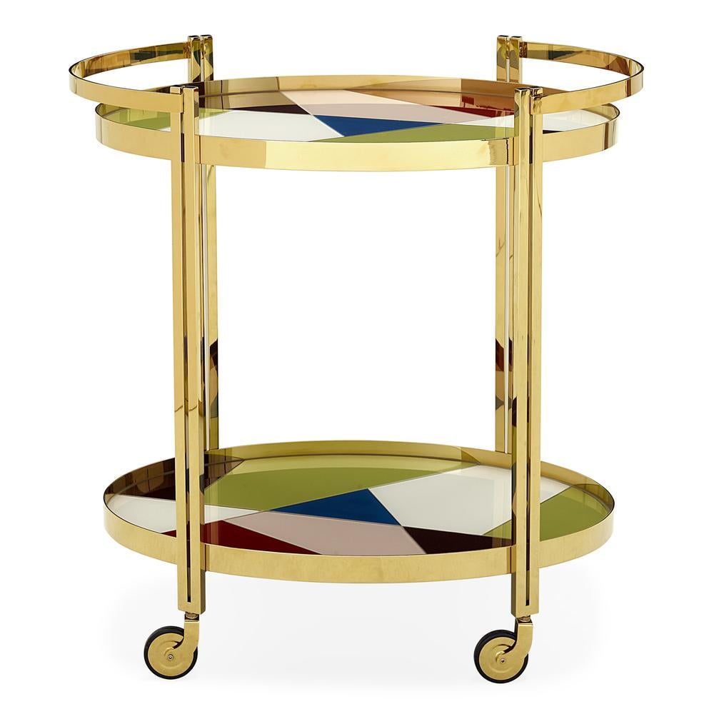 Chic, Graphique, Future Classique. Bring a rich and moody Milan moment into your life with our new Torino collection’s signature palette.

Two back-painted glass shelves featuring angular forms are set in gleaming polished brass framework. With