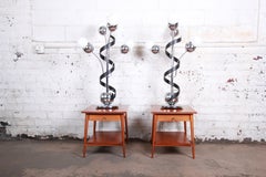 Torino Style Mid-Century Modern Chrome Sputnik Corkscrew Table Lamps, Pair