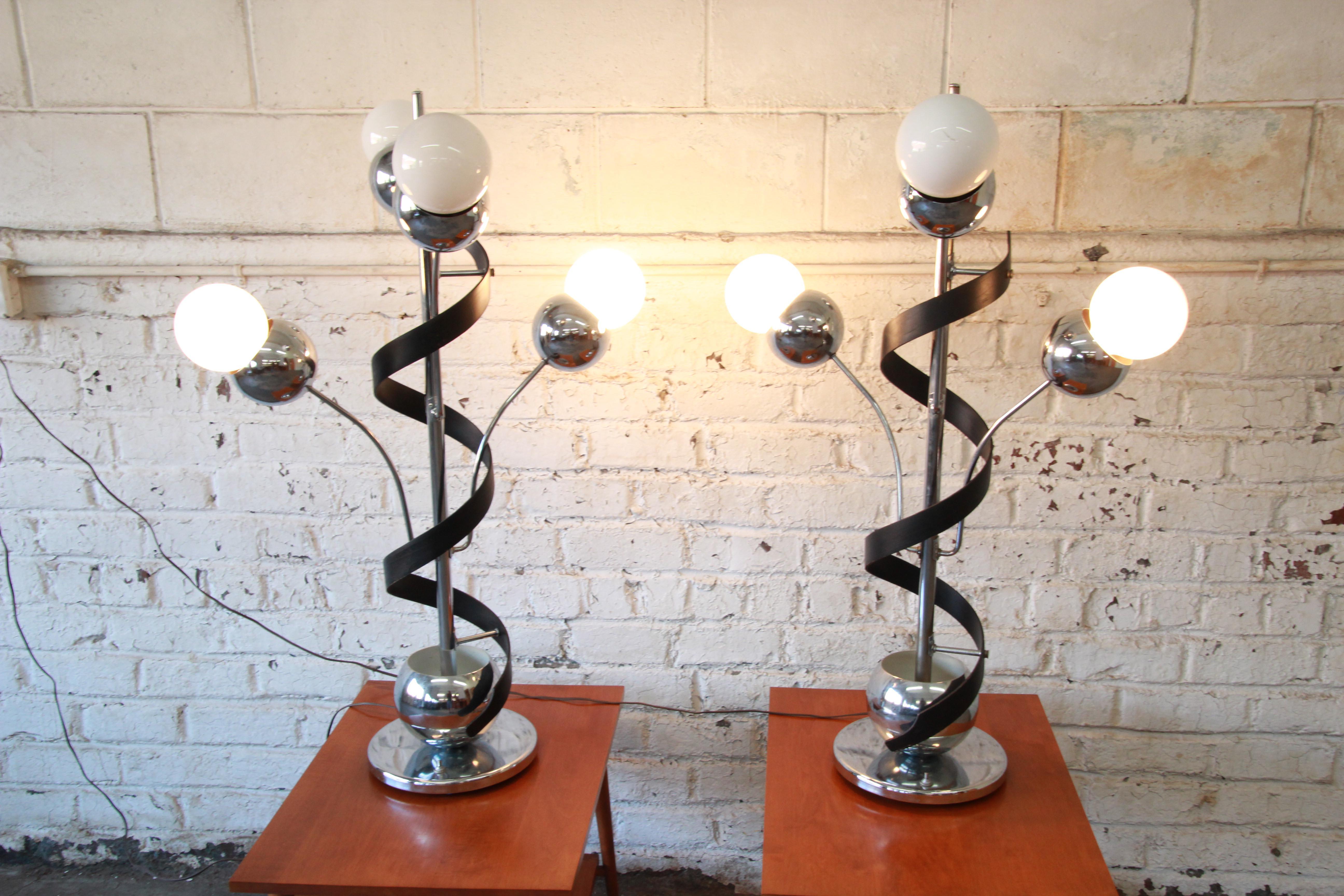 American Torino Style Mid-Century Modern Chrome Sputnik Corkscrew Table Lamps, Pair