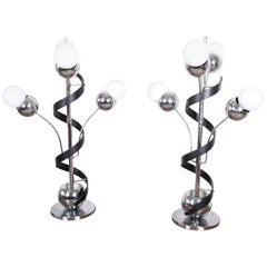 Torino Style Mid-Century Modern Chrome Sputnik Corkscrew Table Lamps, Pair