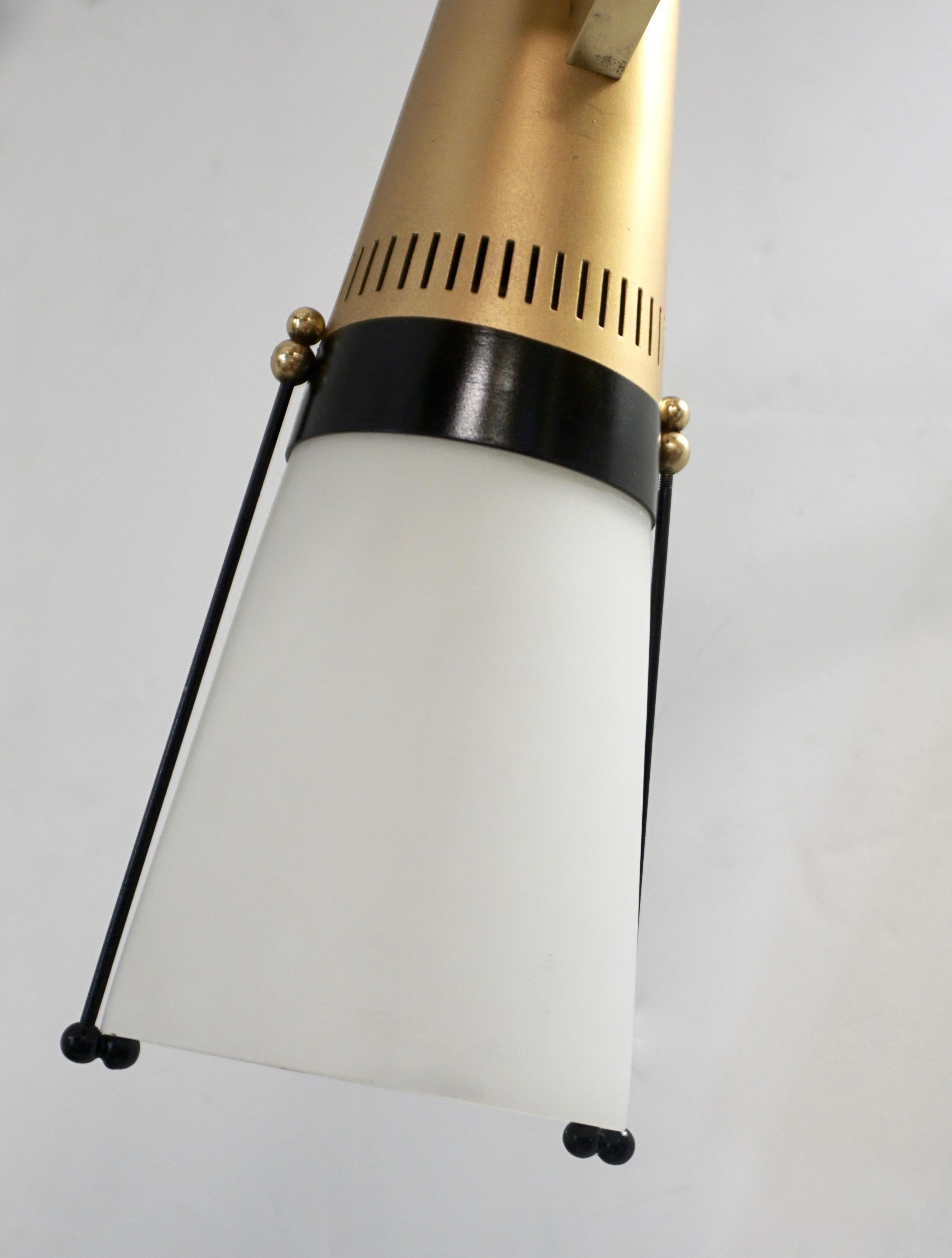 Metal Mid-Century Modern Italian Vintage Brass Black White Three-Light Cone Chandelier For Sale