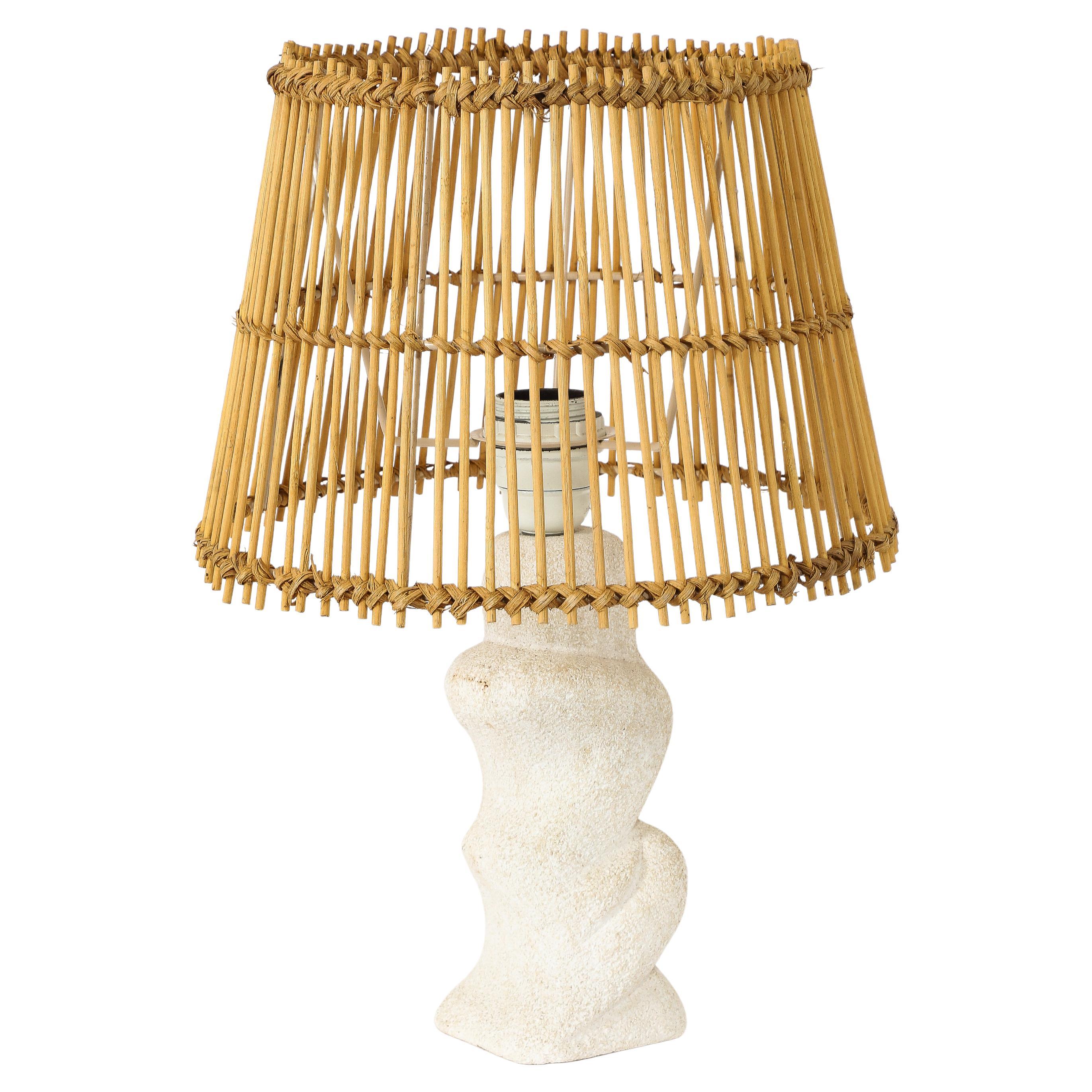 Tormos Abstract Stone & Wicker Lamp, France 1950's