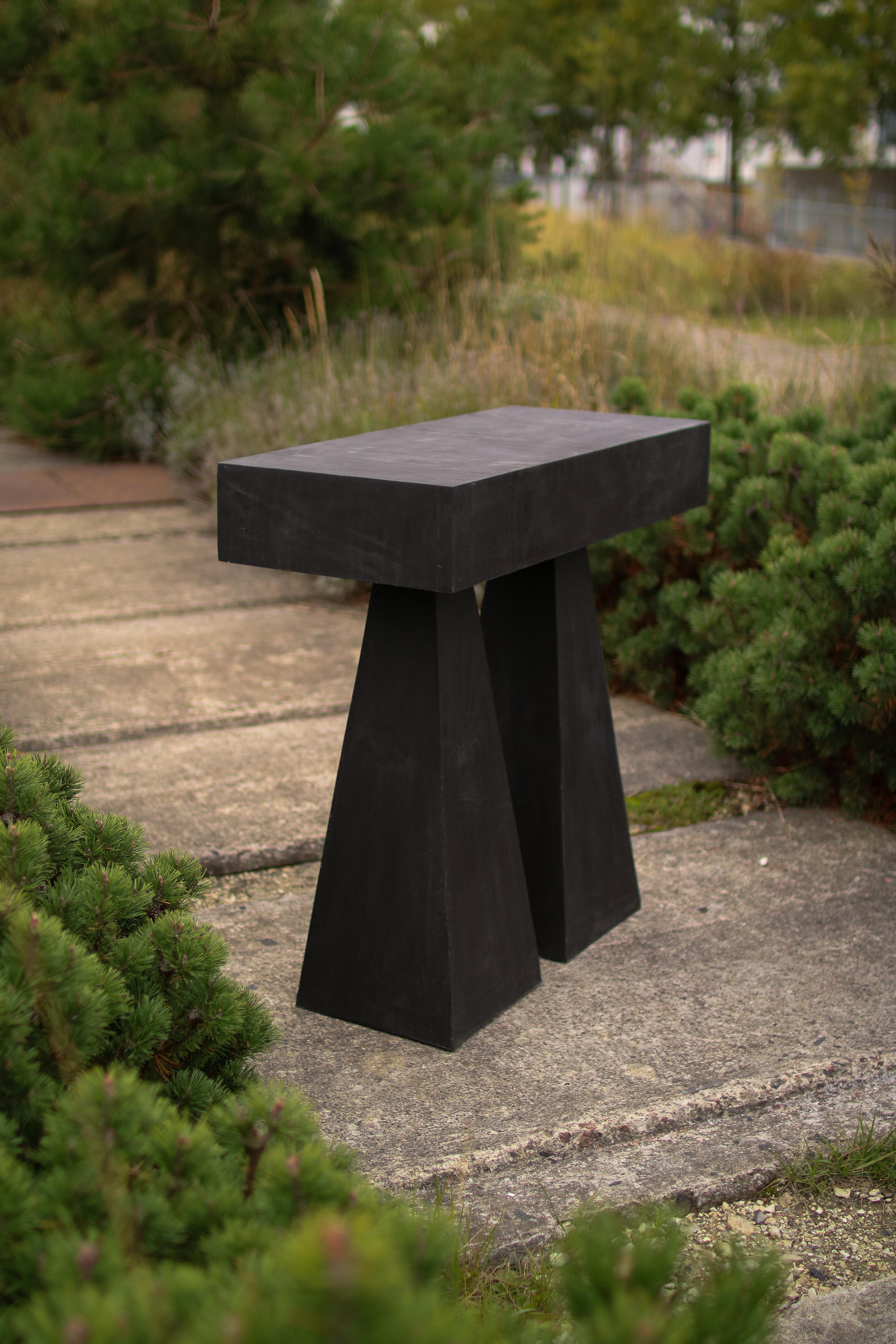 Swedish Trapezoidal Legs, Sculpted Dark Plywood High Console Table by Lucas Tyra Morten For Sale