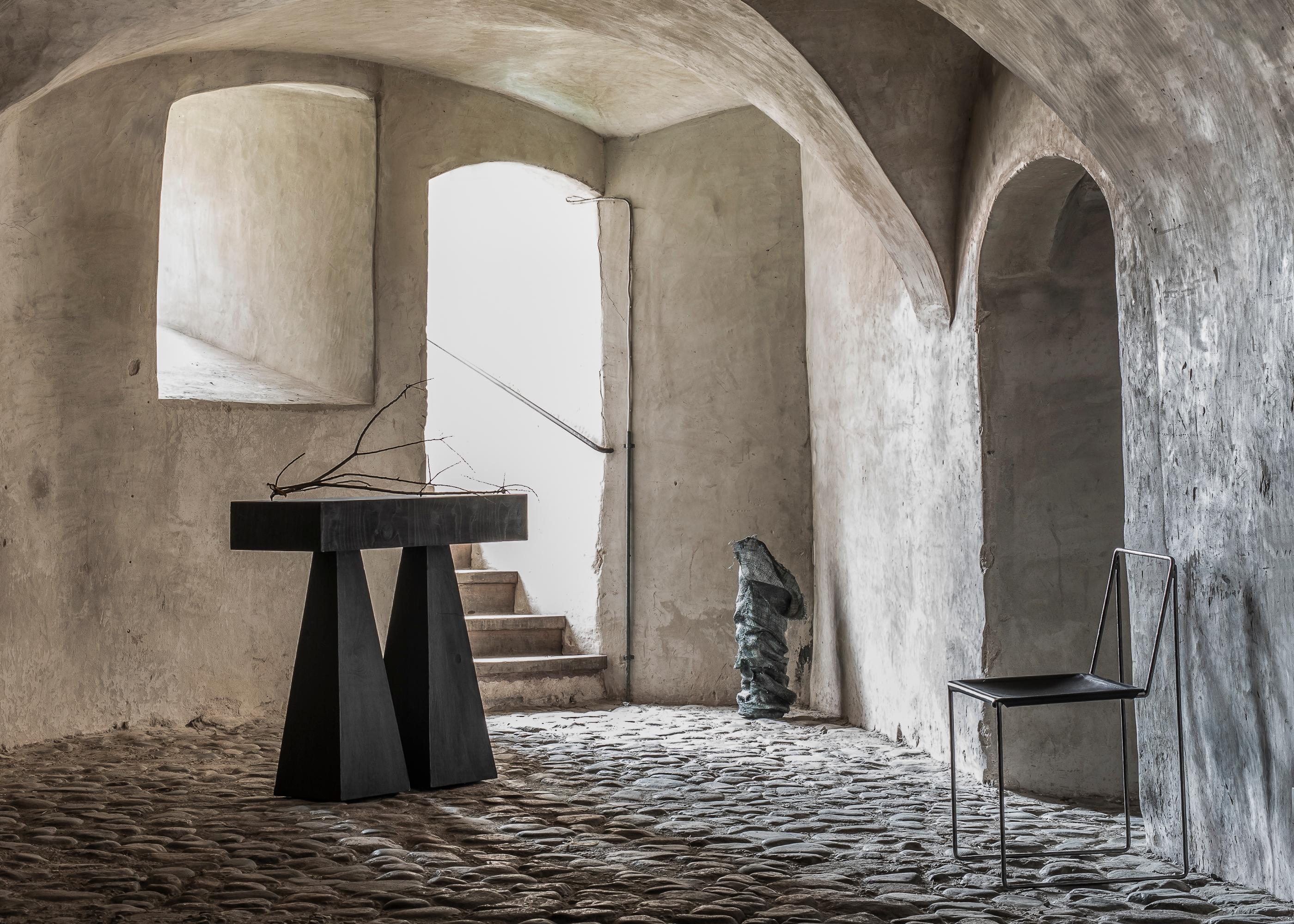 Trapezoidal Legs, Sculpted Dark Plywood High Console Table by Lucas Tyra Morten In New Condition For Sale In Geneve, CH
