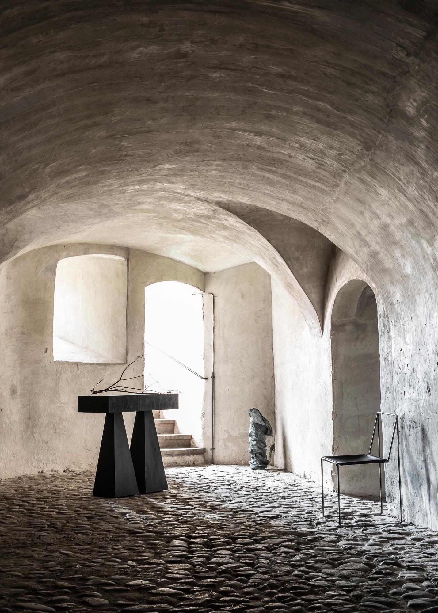 Contemporary Trapezoidal Legs, Sculpted Dark Plywood High Console Table by Lucas Tyra Morten For Sale