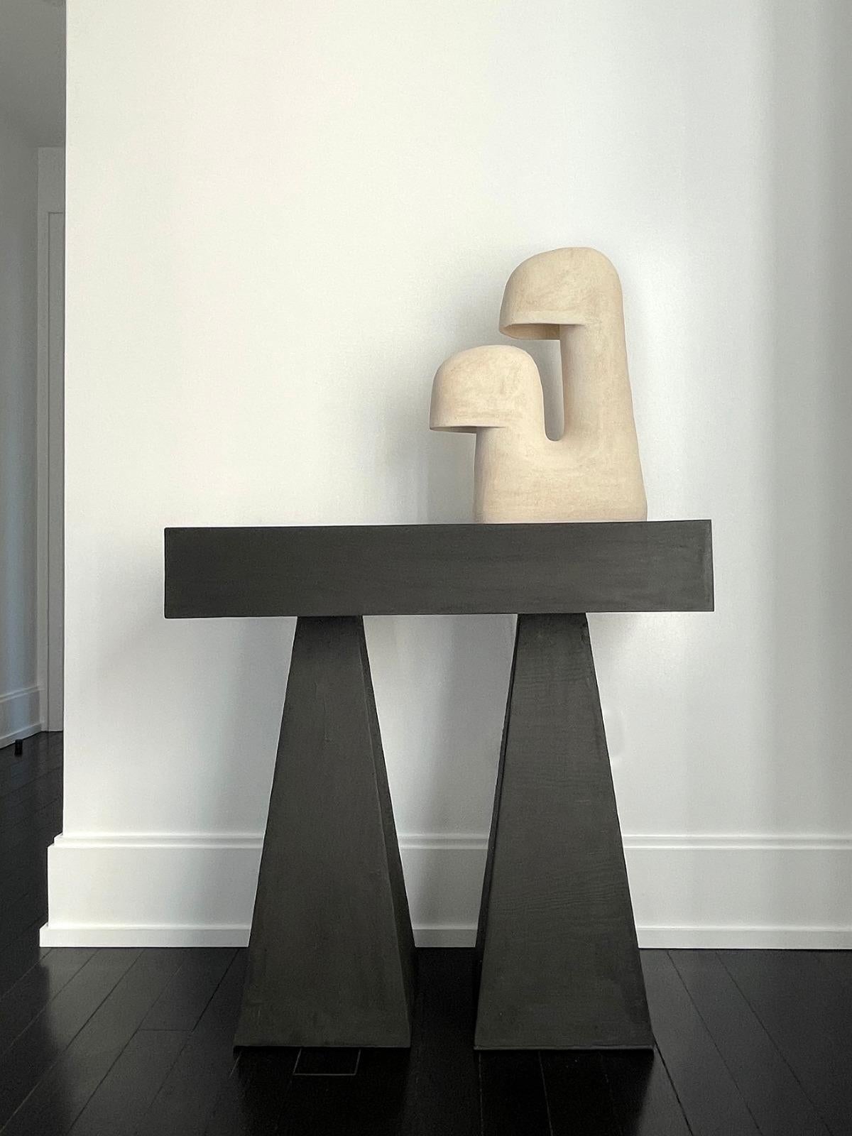 Wood Trapezoidal Legs, Sculpted Dark Plywood High Console Table by Lucas Tyra Morten For Sale