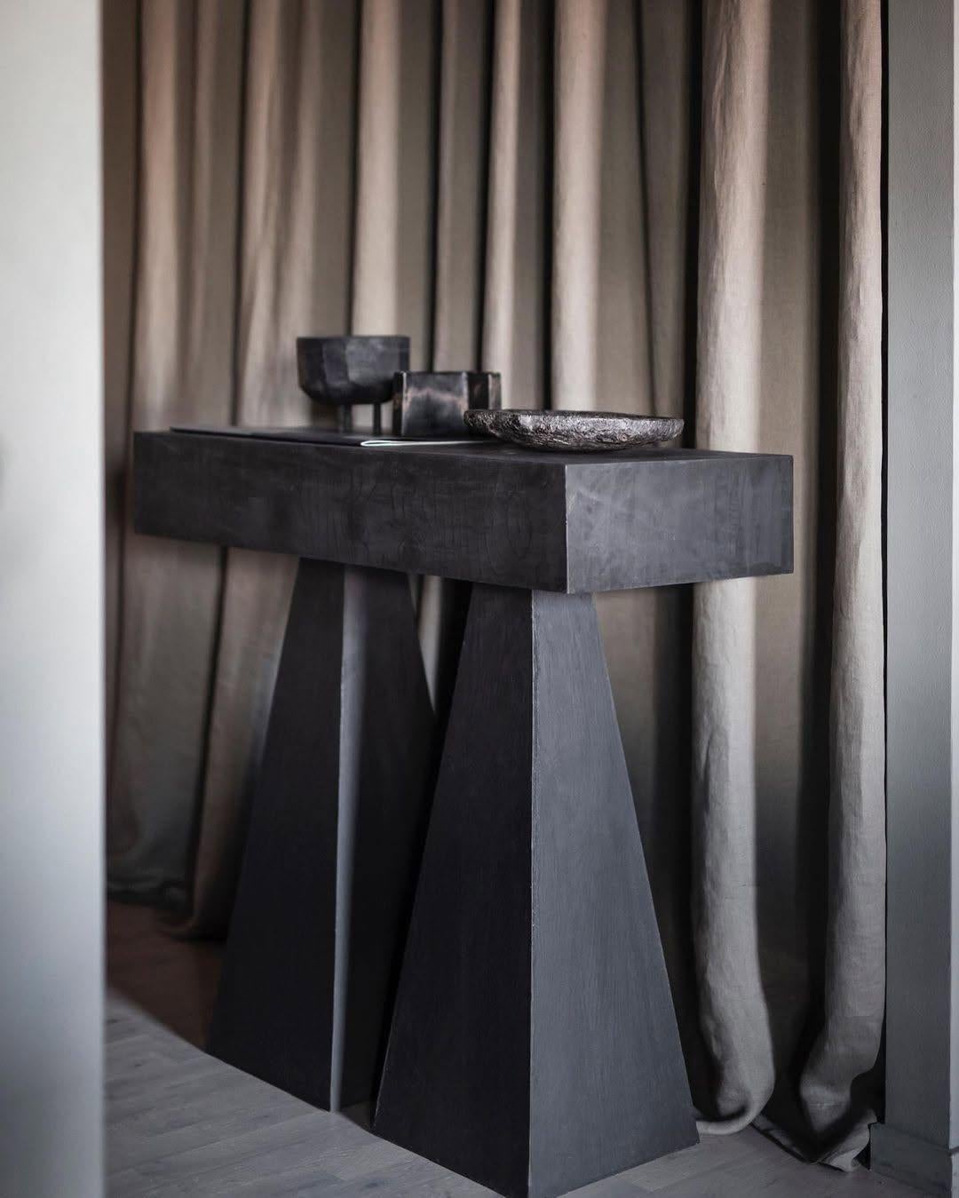 Trapezoidal Legs, Sculpted Dark Plywood High Console Table by Lucas Tyra Morten For Sale 1