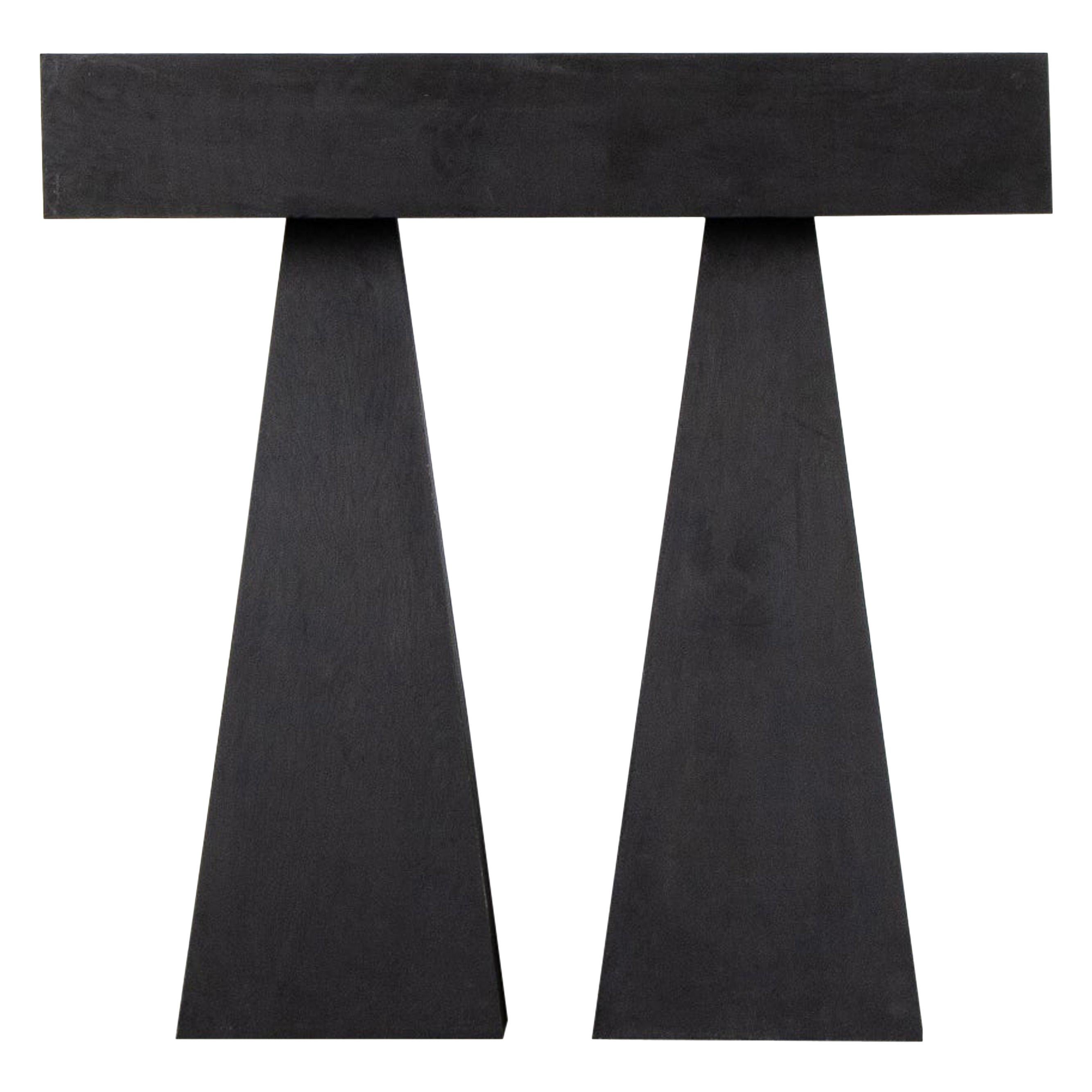 Trapezoidal Legs, Sculpted Dark Plywood High Console Table by Lucas Tyra Morten