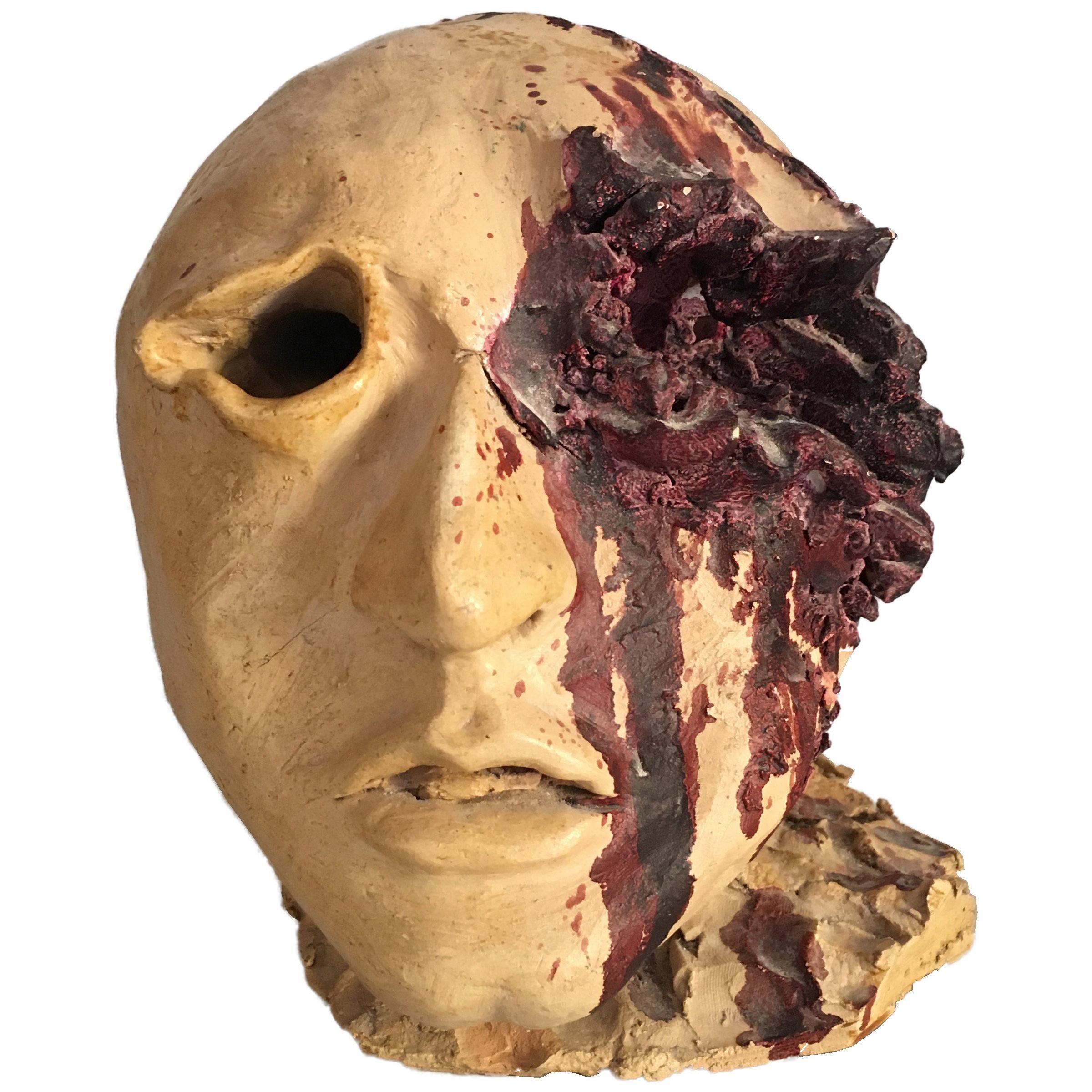 Torn Human Head Sculpture in Brutalist Style Signed E.D. 71