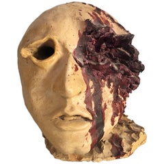 Retro Torn Human Head Sculpture in Brutalist Style Signed E.D. 71