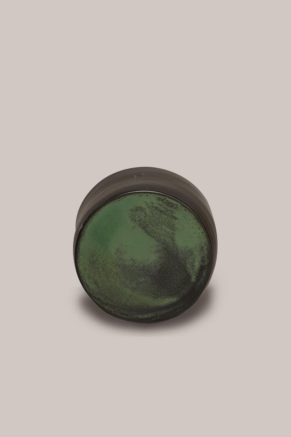 Polished Contemporary Ceramic Side Table Column Stool Black Dark Green Glazed Stoneware