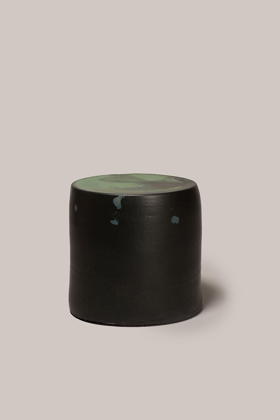 Contemporary Ceramic Side Table Column Stool Black Dark Green Glazed Stoneware In New Condition In Rubi, Catalunya