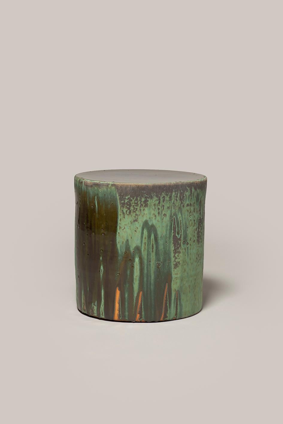 Spanish Contemporary Ceramic Side Table Column Stool Gray Green Glazed Stoneware