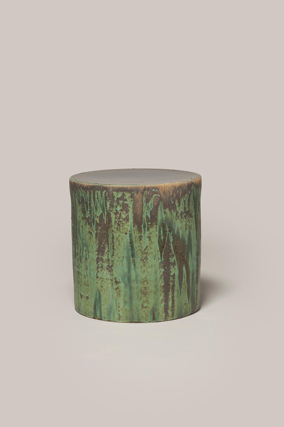 Enameled Contemporary Ceramic Side Table Column Stool Gray Green Glazed Stoneware