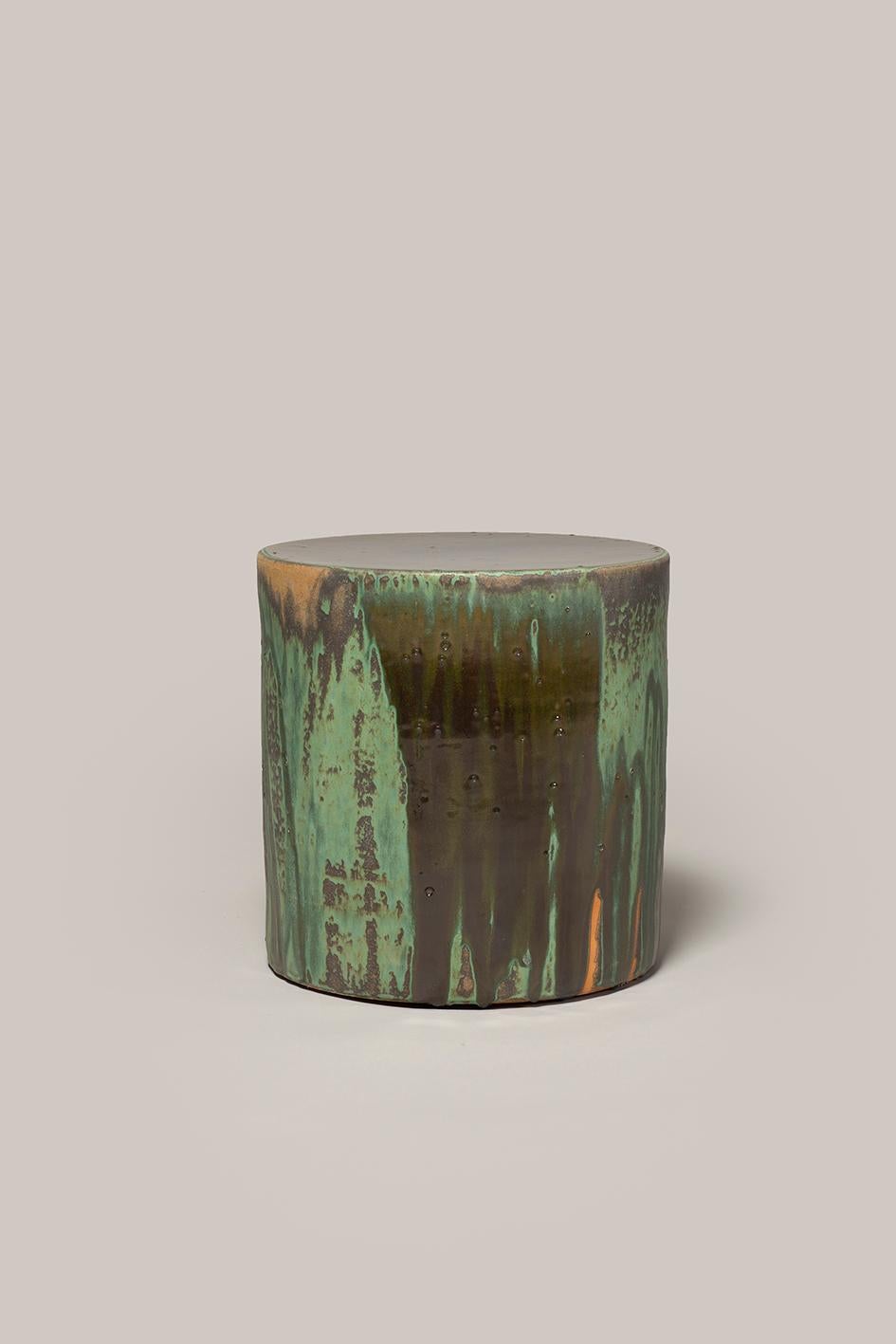 Contemporary Ceramic Side Table Column Stool Gray Green Glazed Stoneware In New Condition In Rubi, Catalunya