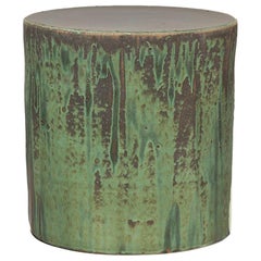 Contemporary Ceramic Side Table Column Stool Gray Green Glazed Stoneware