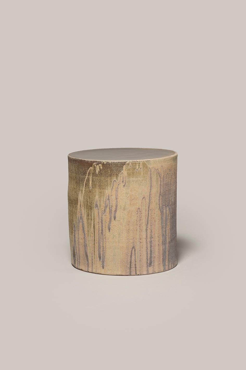 Hand thrown stoneware side table with two layers of glaze in multiple Fires 1290Cº. Measures: 400mm high, 350mm diameter.

