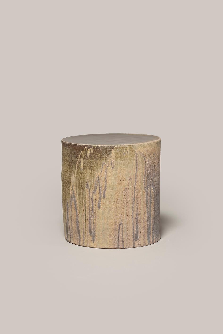 Hand thrown stoneware side table with two layers of glaze in multiple Fires 1290Cº. Measures: 400mm high, 350mm diameter.
