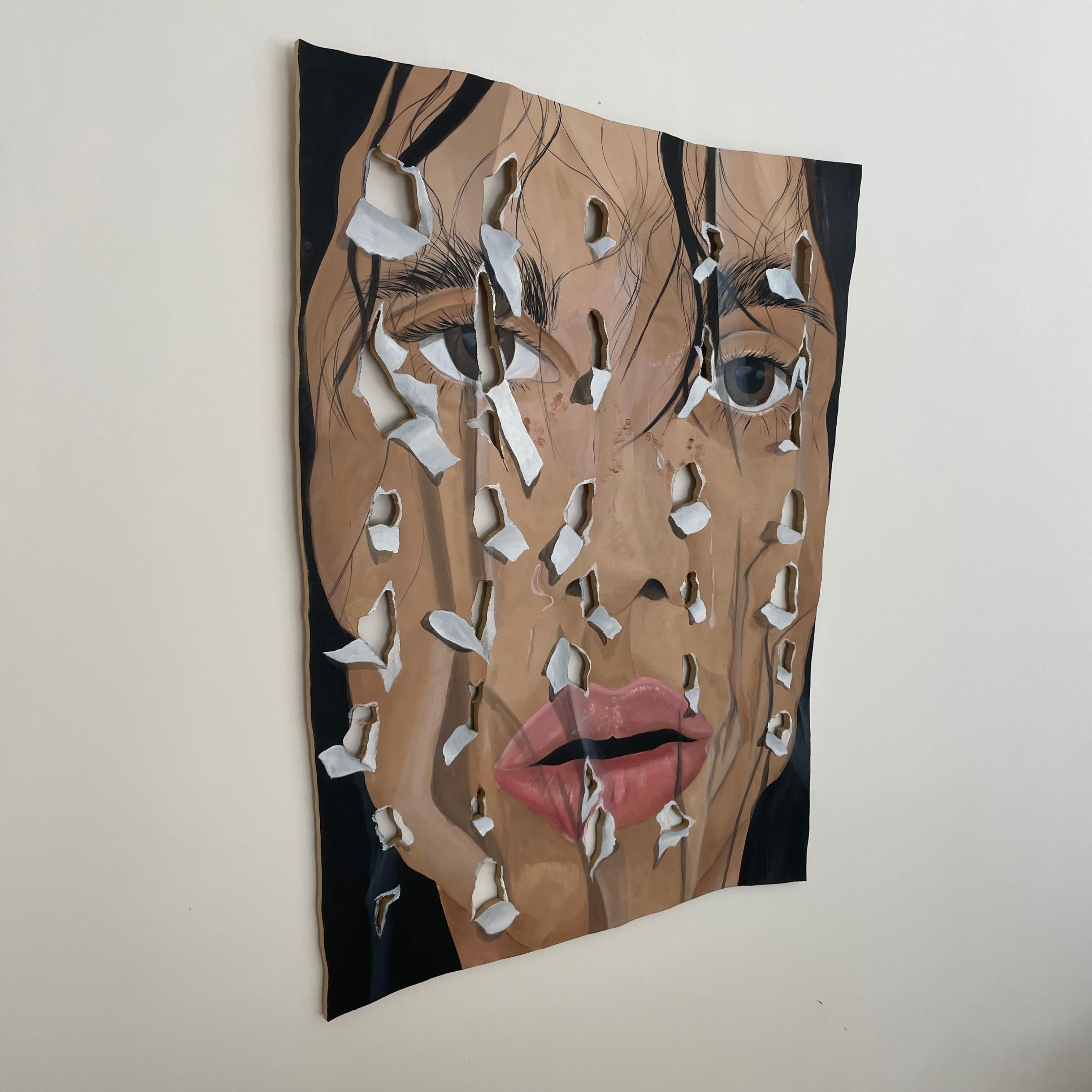 Original painting by German artist Johannes Hemann. Painting on wooden board. Experimental painting with the illusion of cut holes on paper. Stunning portrait of a woman with holes cut out of the wood giving the artwork depth and texture. The