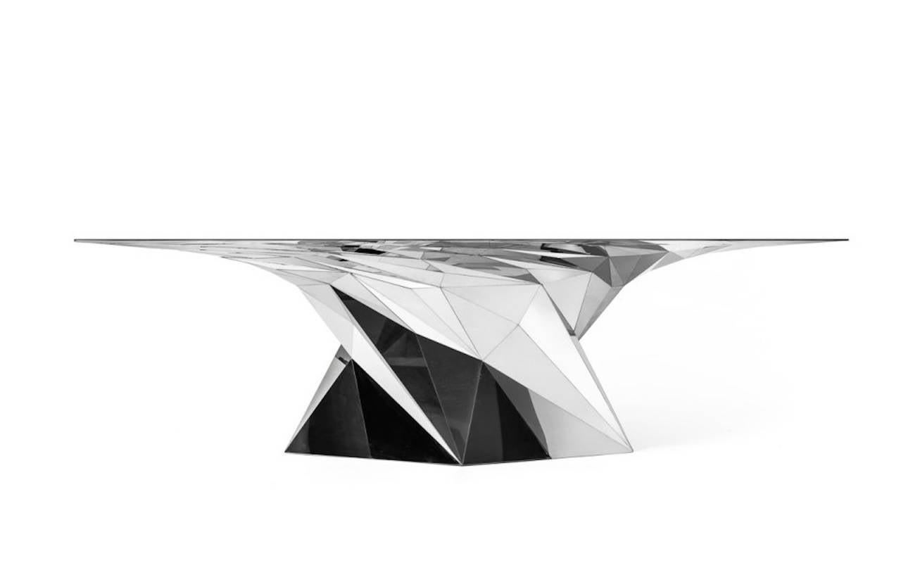 Chinese Tornado Square Center Dining Table Mirror Finish Stainless Steel For Sale