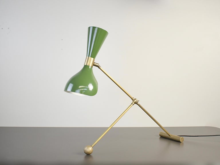 Mid-Century Modern Torno Desk Lamp or Table Lamp in Olivine Enamel & Brass by Blueprint Lighting For Sale