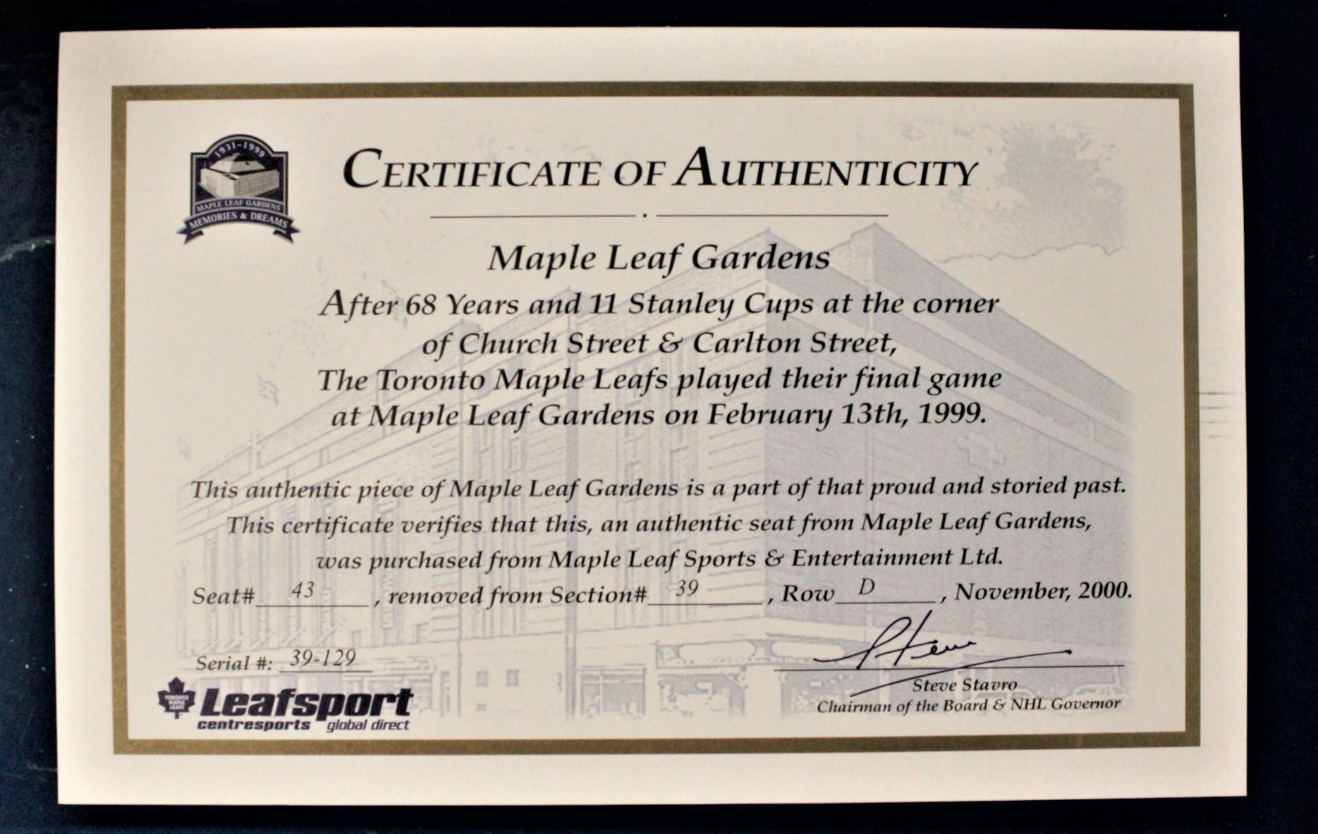 Late 20th Century Toronto Maple Leafs from Maple Leaf Gardens Blue Vintage Arena Seat with COA