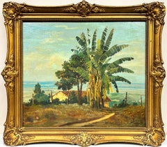 Vintage Palm Trees on the Coast, Signed Original Painting Brazilian Artist