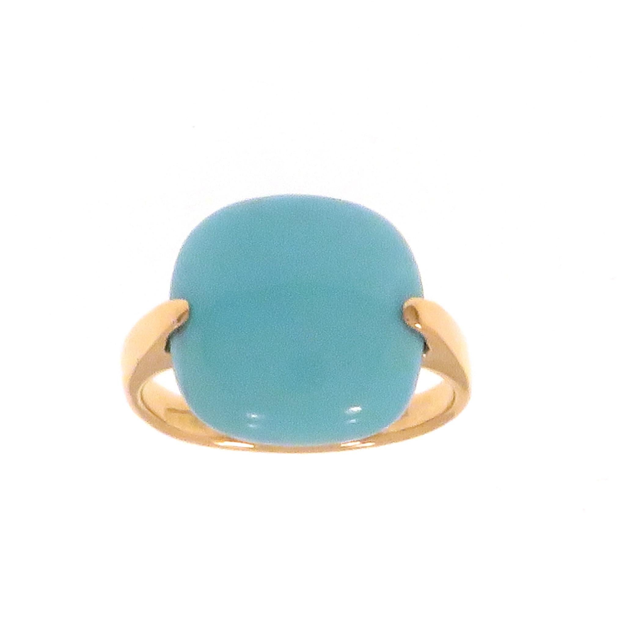 Modern ring in rose 18k gold with cabochon cut torquoise 
The size of the stone is: mm. 13 / 0.511 inches.
US size 5.5 / ITALIAN size 11 / FRENCH size 51 / can be sized.
It  is market with the Italian Mark 750 and Botta Gioielli brandmark