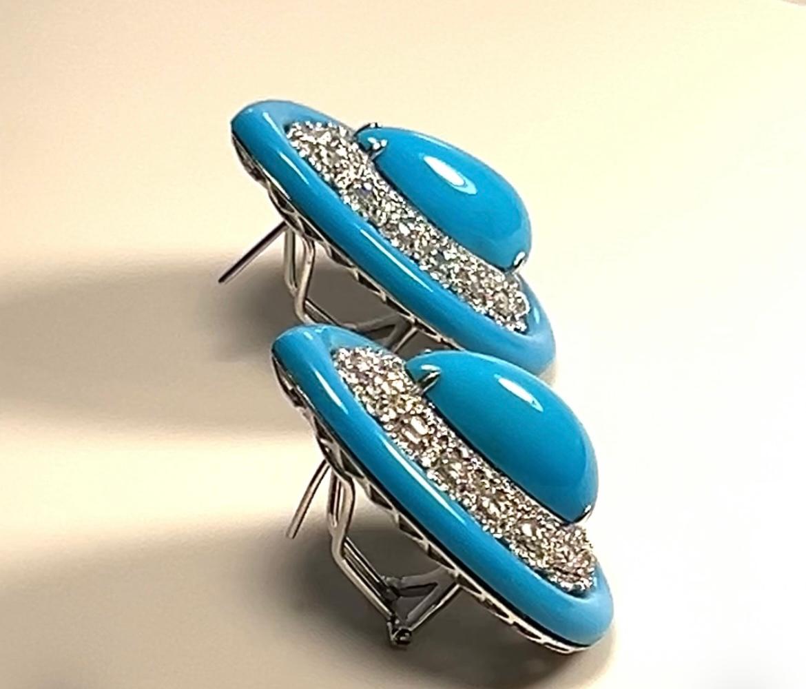 Torquoise Oval Earrings with Diamonds in 18k gold For Sale 1