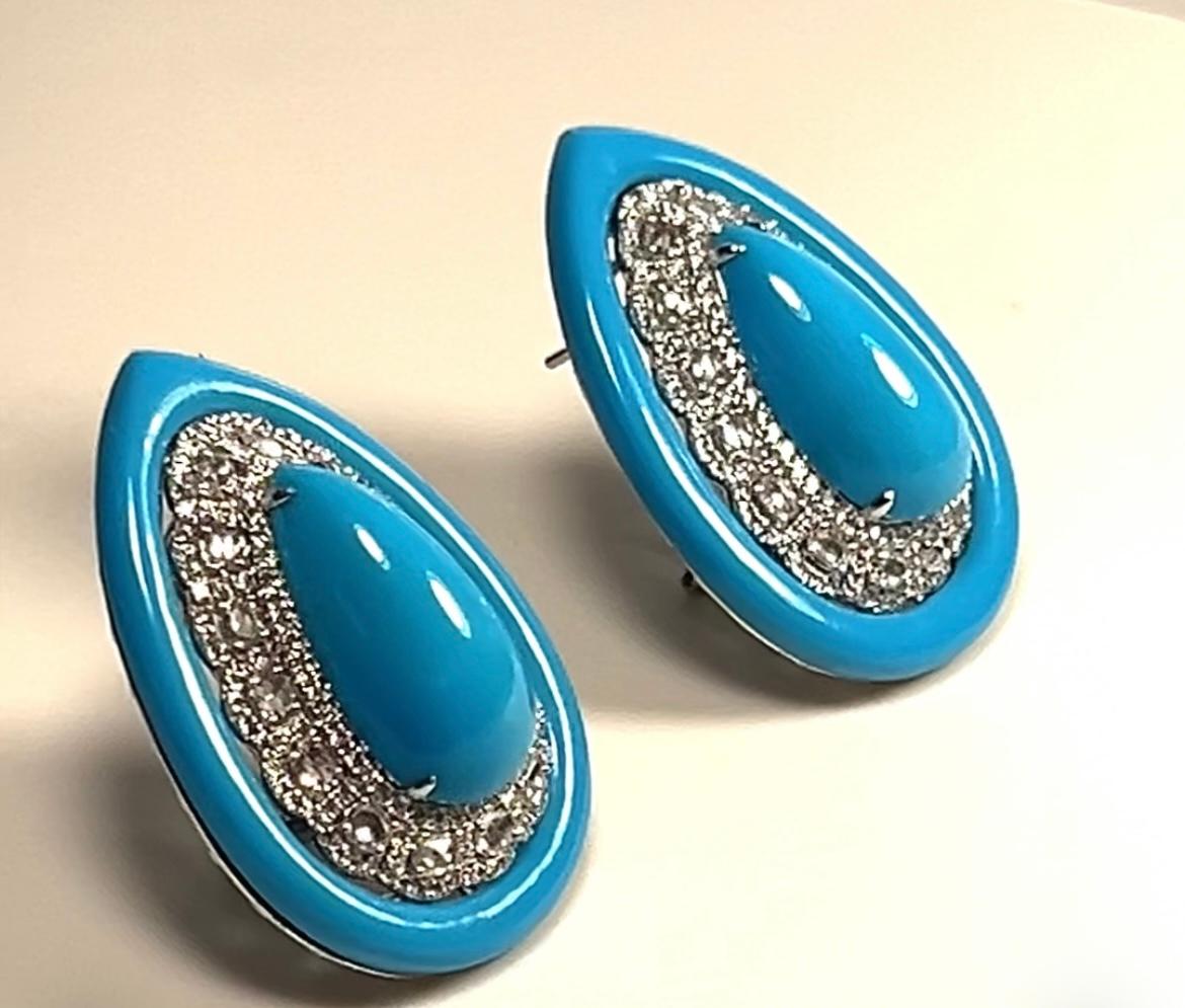Torquoise Oval Earrings with Diamonds in 18k gold For Sale 2