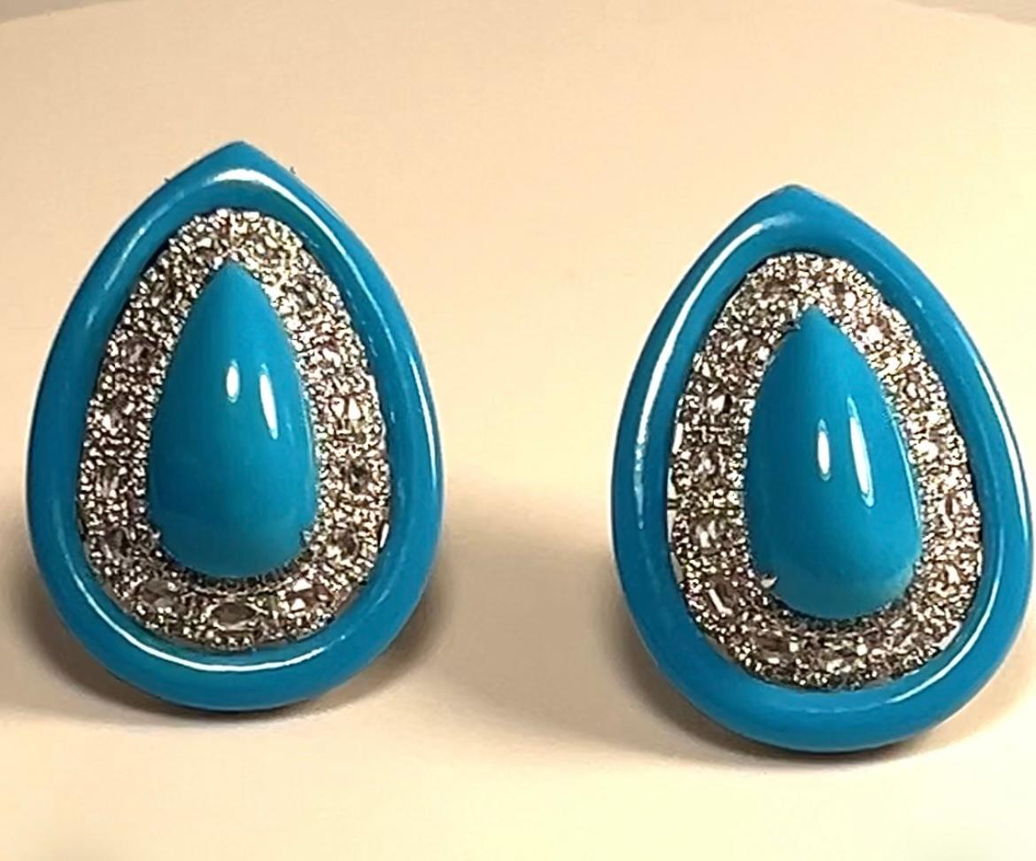 Torquoise Oval Earrings with Diamonds in 18k gold For Sale 3