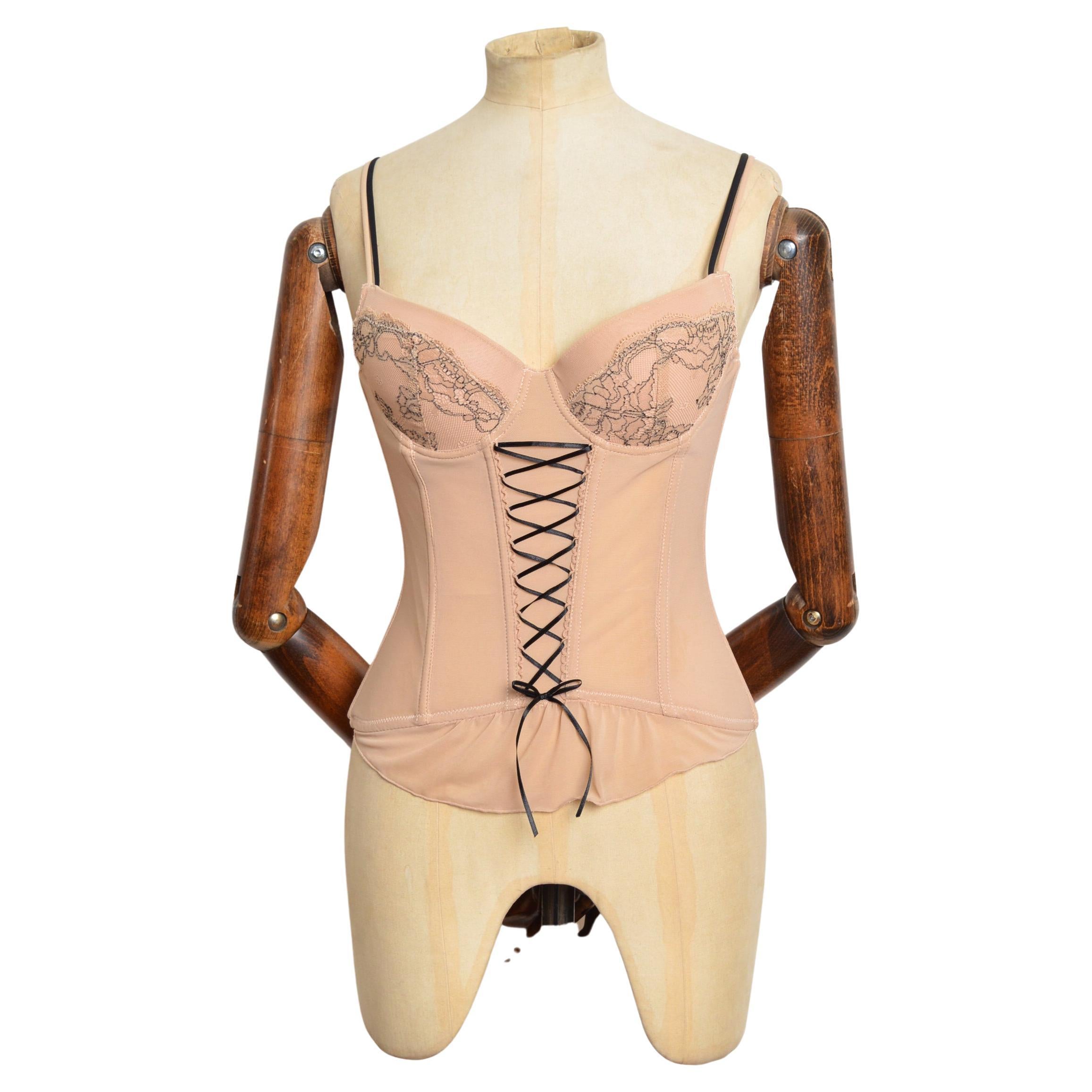 Torrente Couture 2000s French Nude Mesh 
Black lace Bustier - Corsé en venta
