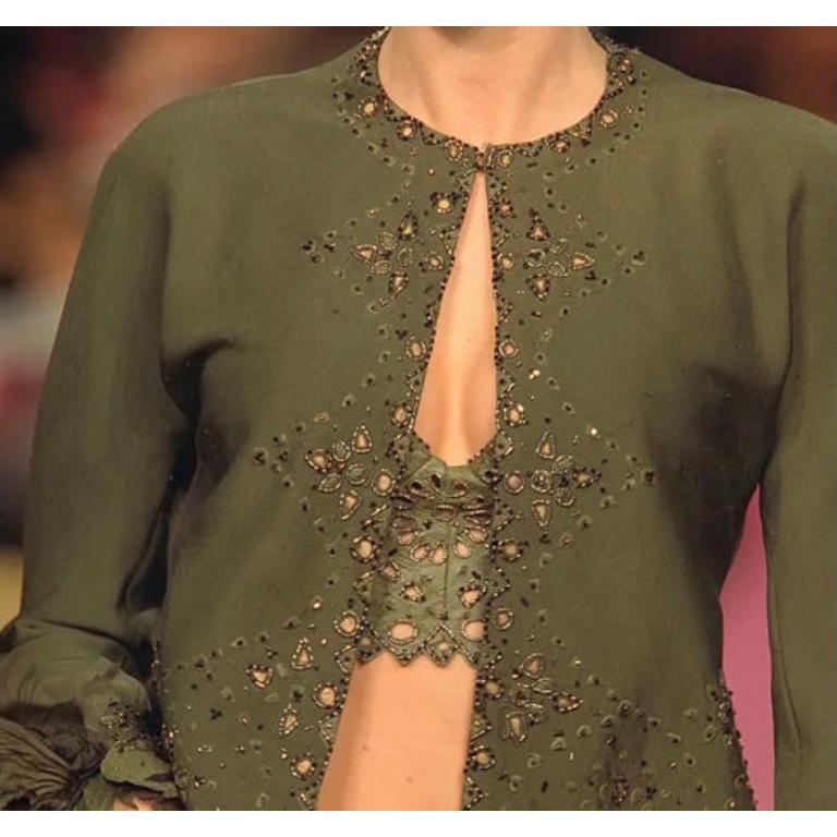 Torrente Haute Couture Short Hemstitched Green Ostrich Leather Top In Excellent Condition In SAINT-OUEN-SUR-SEINE, FR