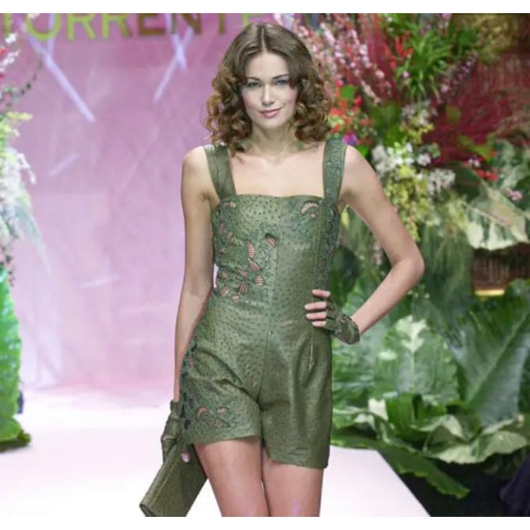 Women's Torrente Hemstitched Green Ostrich Leather Playsuit Haute Couture, 2000
