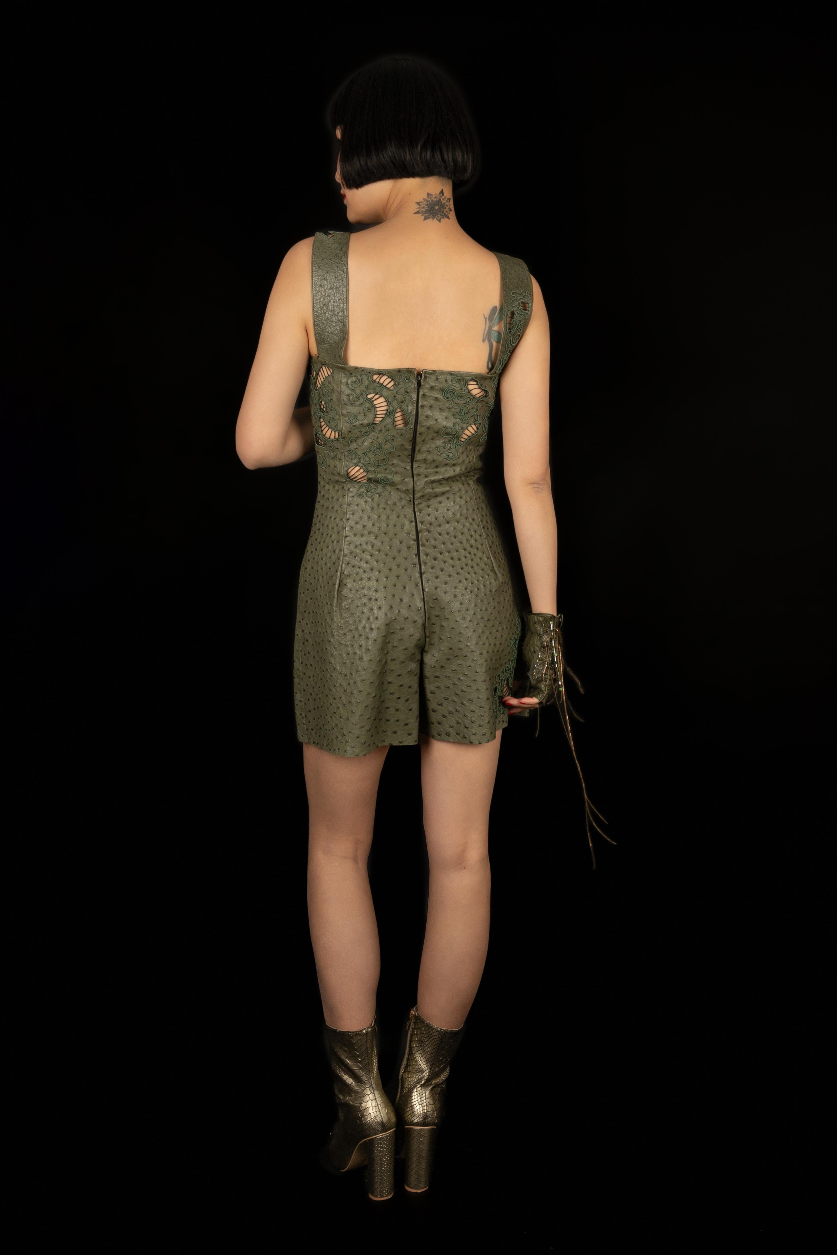Gray Torrente Hemstitched Green Ostrich Leather Playsuit Haute Couture, 2000