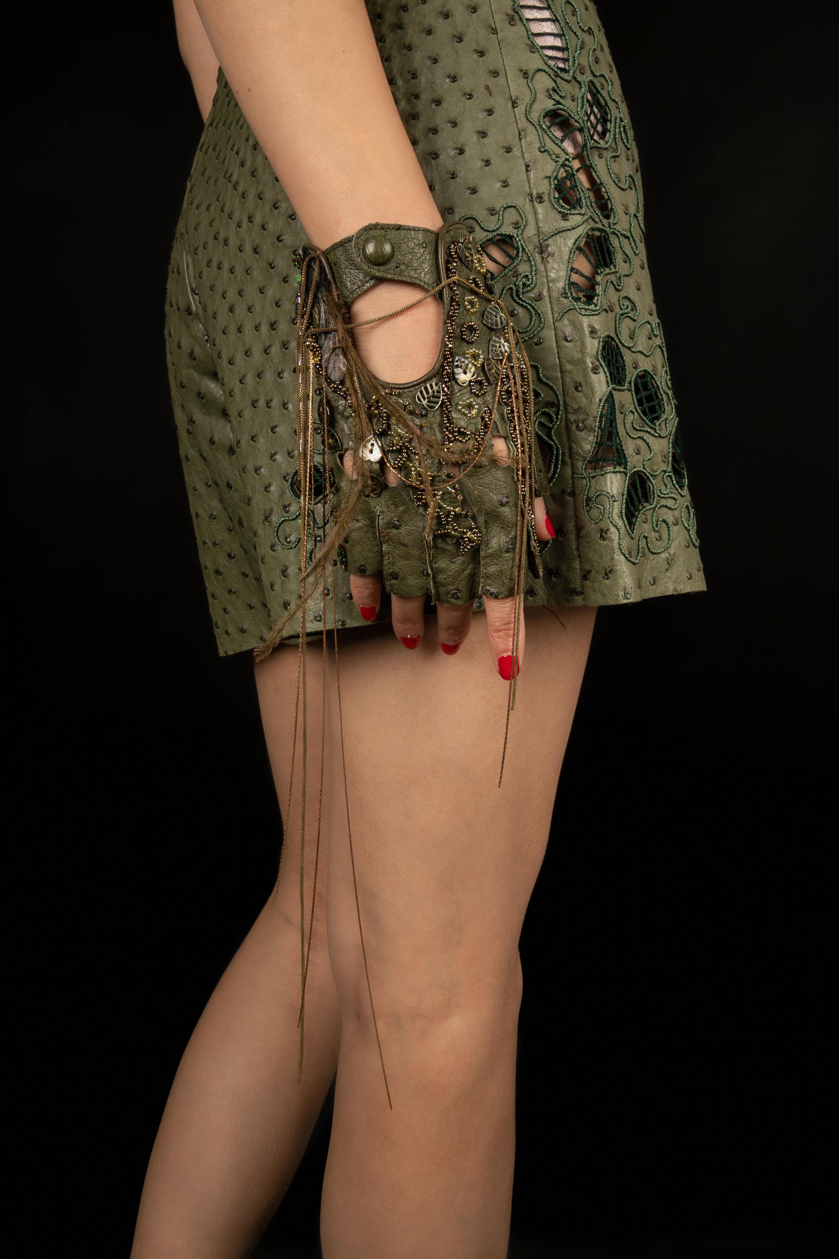 Torrente Hemstitched Green Ostrich Leather Playsuit Haute Couture, 2000 In Excellent Condition In SAINT-OUEN-SUR-SEINE, FR